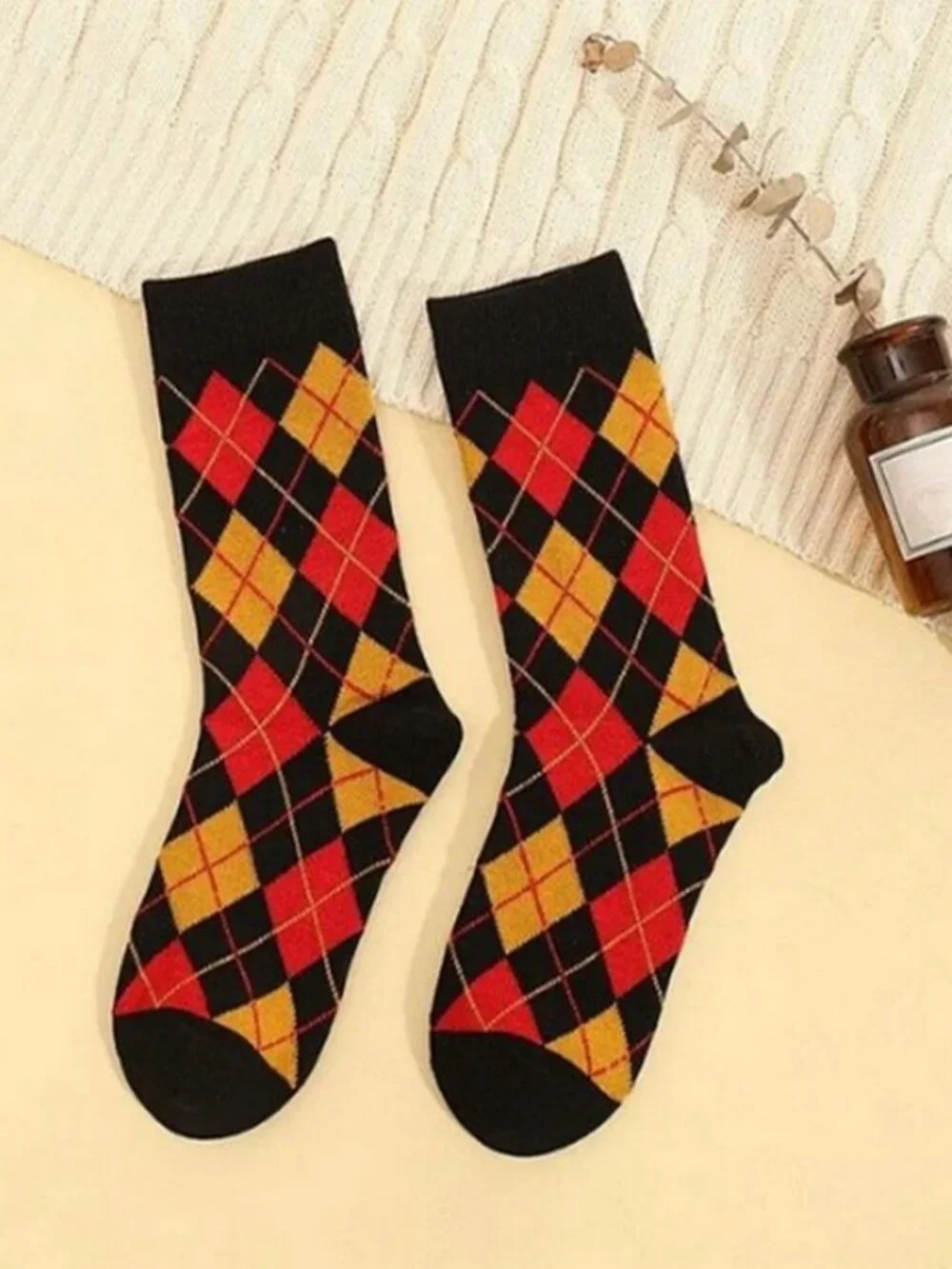 Shelby Argyle Pattern Socks Black with Orange and Red Gift Packaged
